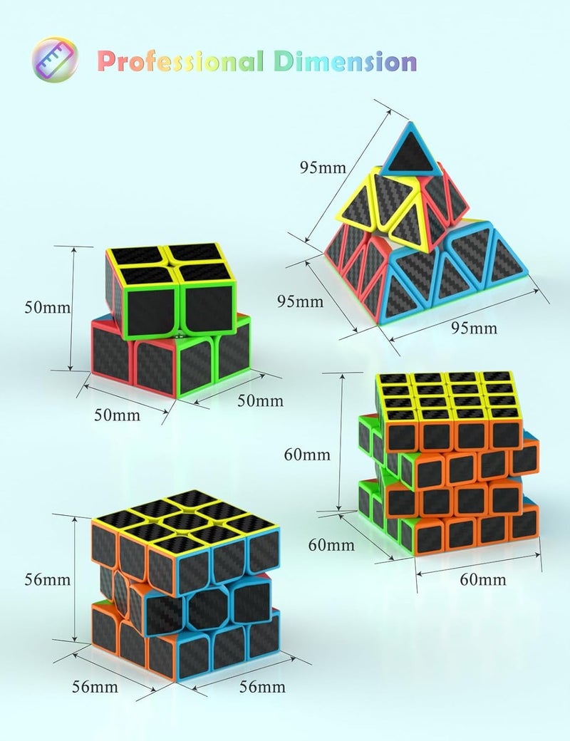 Roxenda Speed Cube Set, Speed Cube Bundle of 2x2 3x3 4x4 and Pyramid Cube Smoothly Magic Cubes Collection for Kids Teens & Adults [4 Pack] (Carbon Fiber) - Image 3